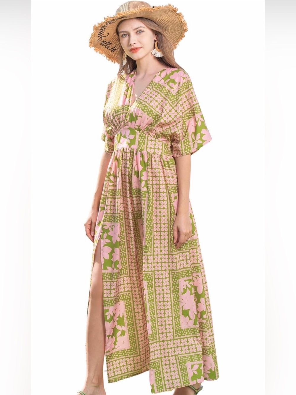 Quatrefox Floral Pink & Olive V-Neck Maxi Dress with Elastic Waist NWT